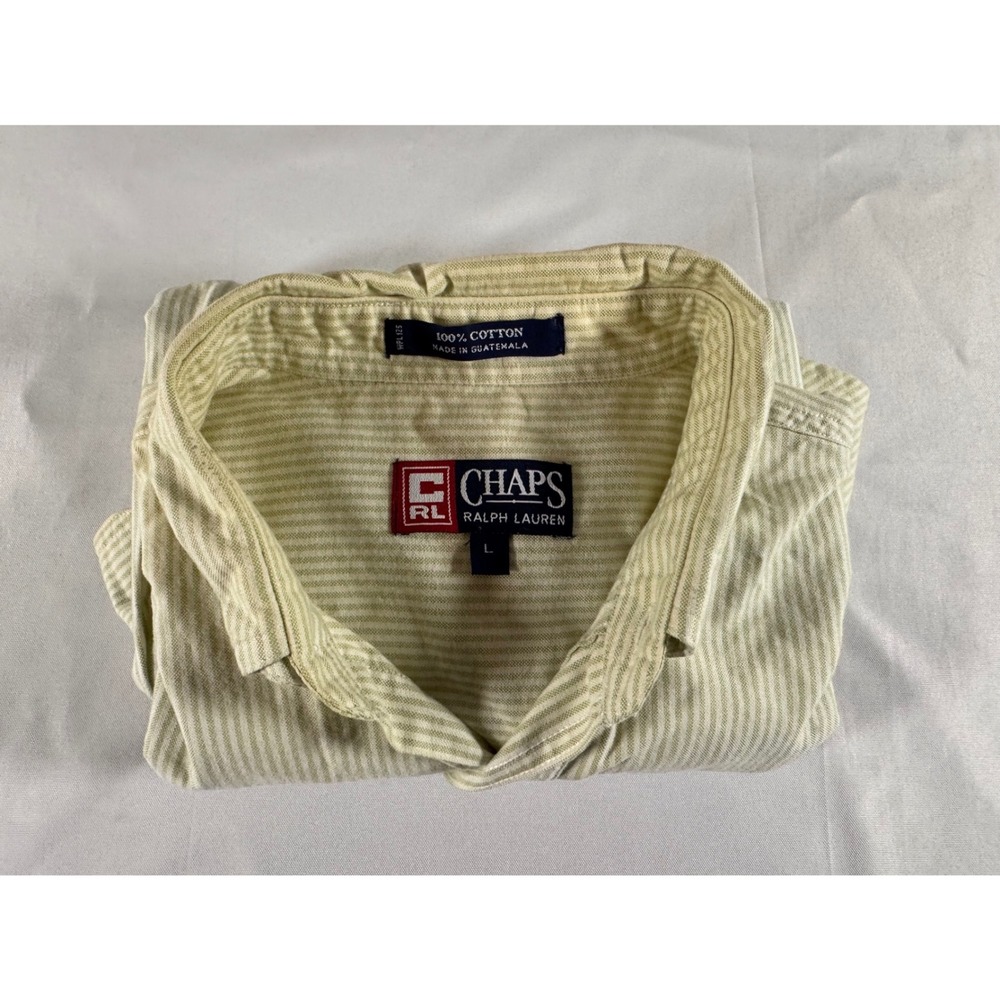 VTG Chaps Ralph Lauren Mens Large Sage Green White Striped Cotton Button Down